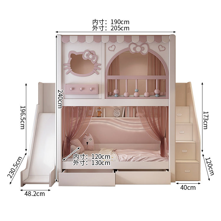 二段ベッド キッズベッド 無垢材ベッド 安全設計二段ベッド 子供部屋用ベッド 厚手無垢材フレーム 環境配慮型水性塗料 収納棚・引き出し付き 滑り台付き ピンク シンプル SCC-C104