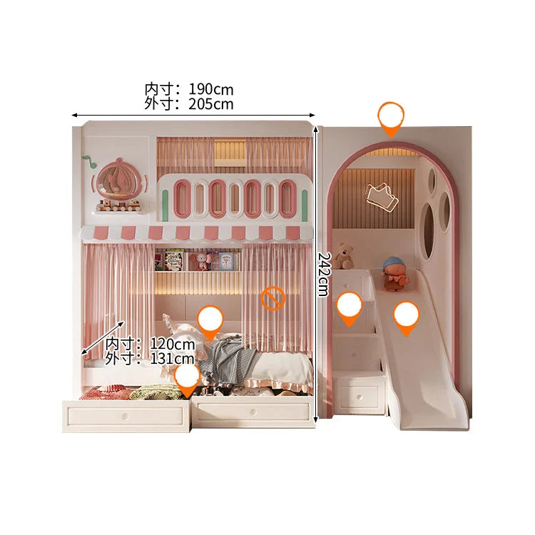 二段ベッド キッズベッド 子供部屋用家具 木製二段ベッド お城デザイン 落下防止設計 滑り止め加工ハシゴ 安定感のある構造 無垢材製ハシゴ ホワイト フェアリーテイルテイスト SCC-S078