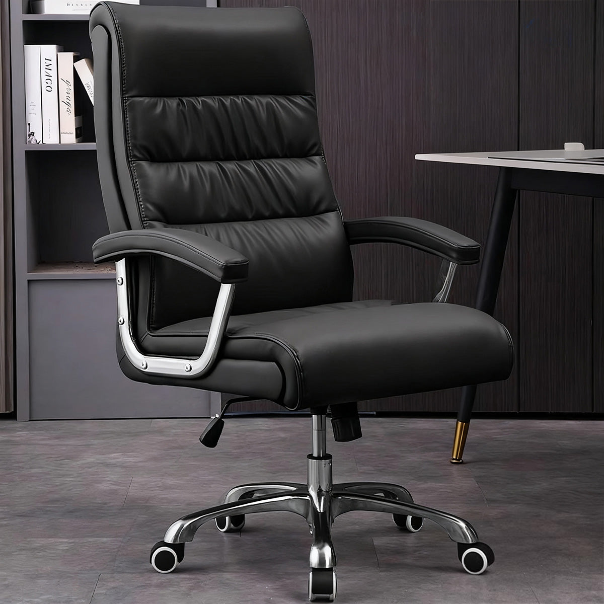 オフィスチェア 背もたれ 本革 肘掛け 高密度ウレタンフォーム チェアベース キャスター付き 回転可能 昇降機能 BGY-C058
