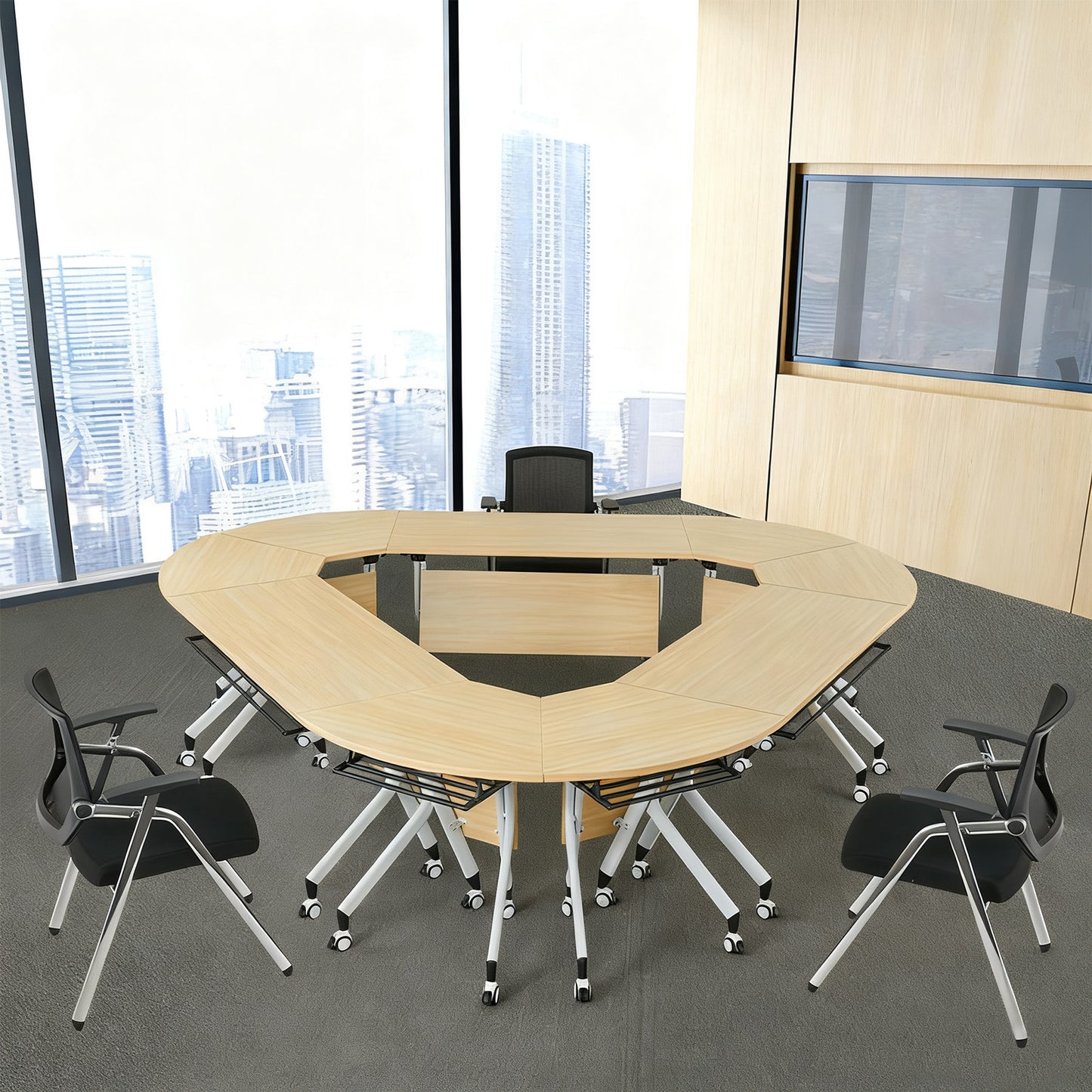 会議テーブル 木目調 ミーティングテーブル 会議室用テーブル 折り畳み式 スチールフレーム シンプル パーチクルボード HYZ-C083