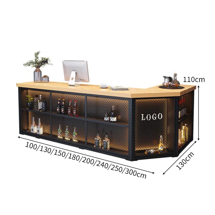 L型 LEDライト付き ショーケース付き 受付カウンター バーカウンター 受付台 カウンターテーブル 無垢材 収納棚 ブラック カスタマイズ可能 JDT-C026 CHICKAGU