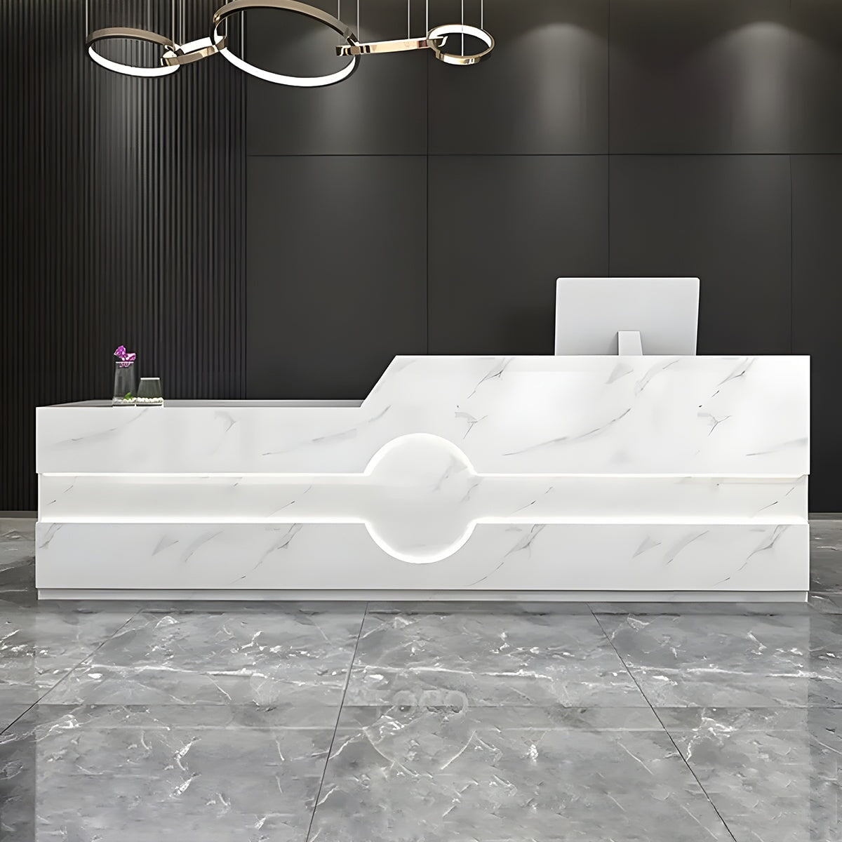 受付カウンター フロント レジカウンター カウンター LEDライト 配線穴 キーボードトレイ 引き出し 袖机 マーブル模様 カスタマイズ可能 JDT-K-112