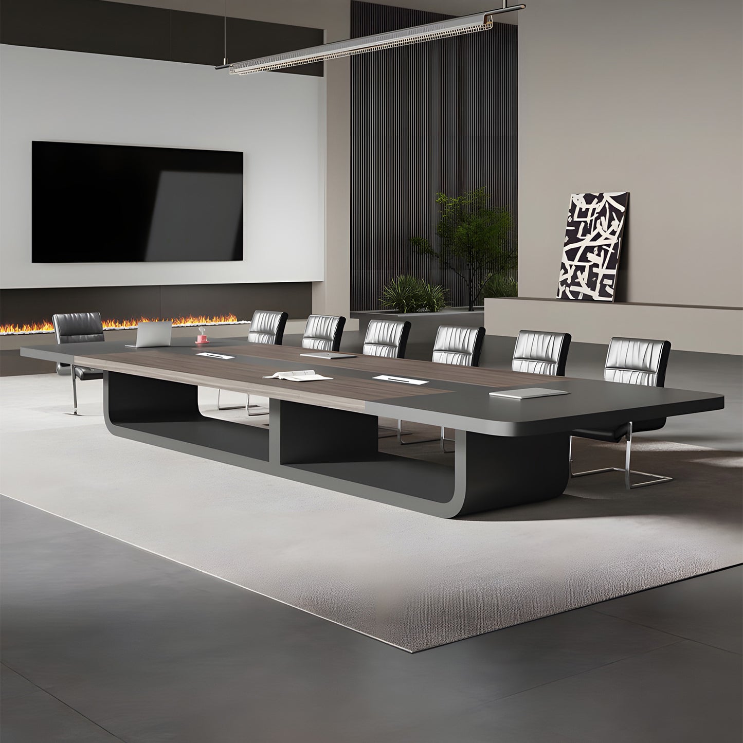 木製オフィスデスク 会議室用テーブル ミーティングテーブル 会議テーブル R加工 安定感 エコ素材 配線ボックス 木目調 ゲレー SL-HYZ-029