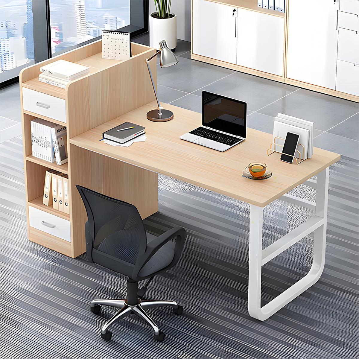 木目調 ナチュラル 収納 キャビネット 引き出し R仕上げ デスク オフィスデスク スチールフレーム エコ板材 配線穴キャップ シンプル 機能的 BGZ-C010 chickagu