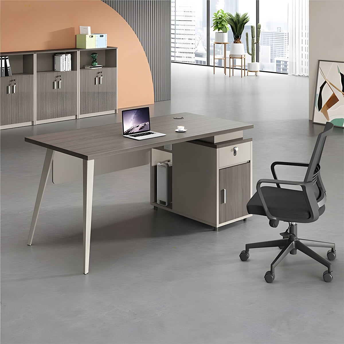 バイカラー 機能性 広い天板 キャビネット 三桁ダイヤル錠 PC収納 配線穴キャップ デスク オフィスデスク 事務所用 シンプル 洗練 ミニマル カスタマイズ可能 BGZ-C047 chickagu