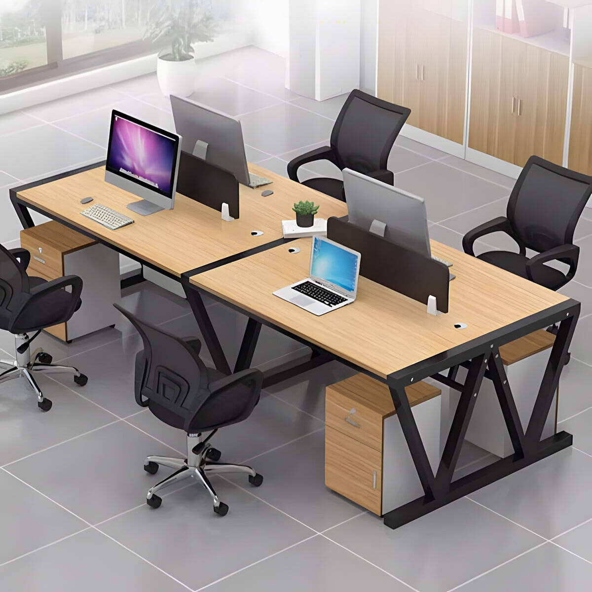 スチールフレーム 三角構造 安定性 エコ板材 配線孔 デスクトップパネル 木目調 デスク オフィスデスク 穏やか シンプル 簡素 カスタマイズ可能 BGZ-C082