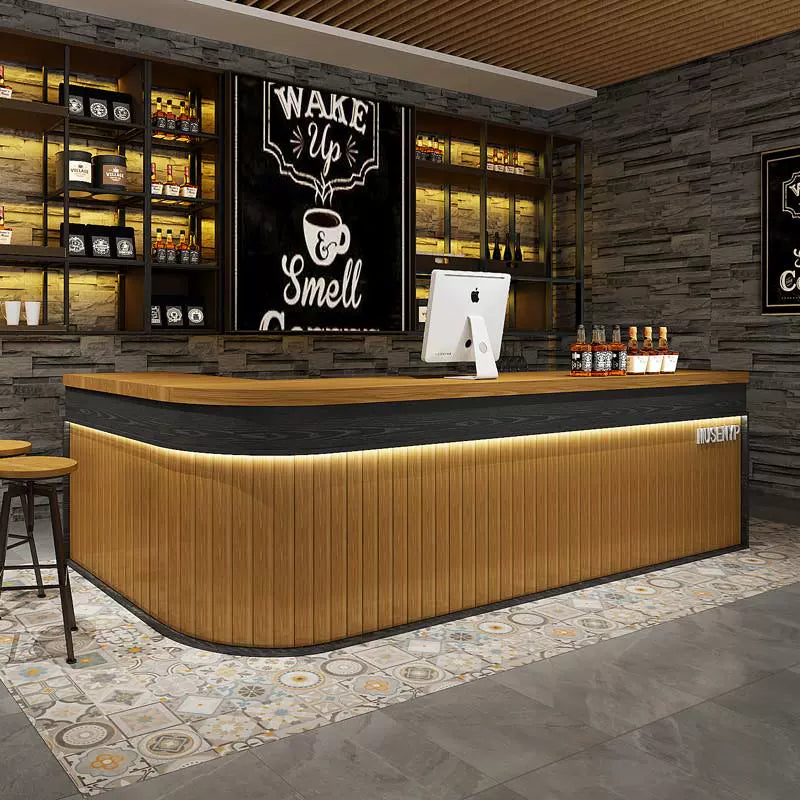 受付カウンター バーカウンター 受付台 カウンターテーブル L型 LEDライト付き 大容量収納 引き出し付き 木目調 モダン カスタマイズ可能 CHICKAGU