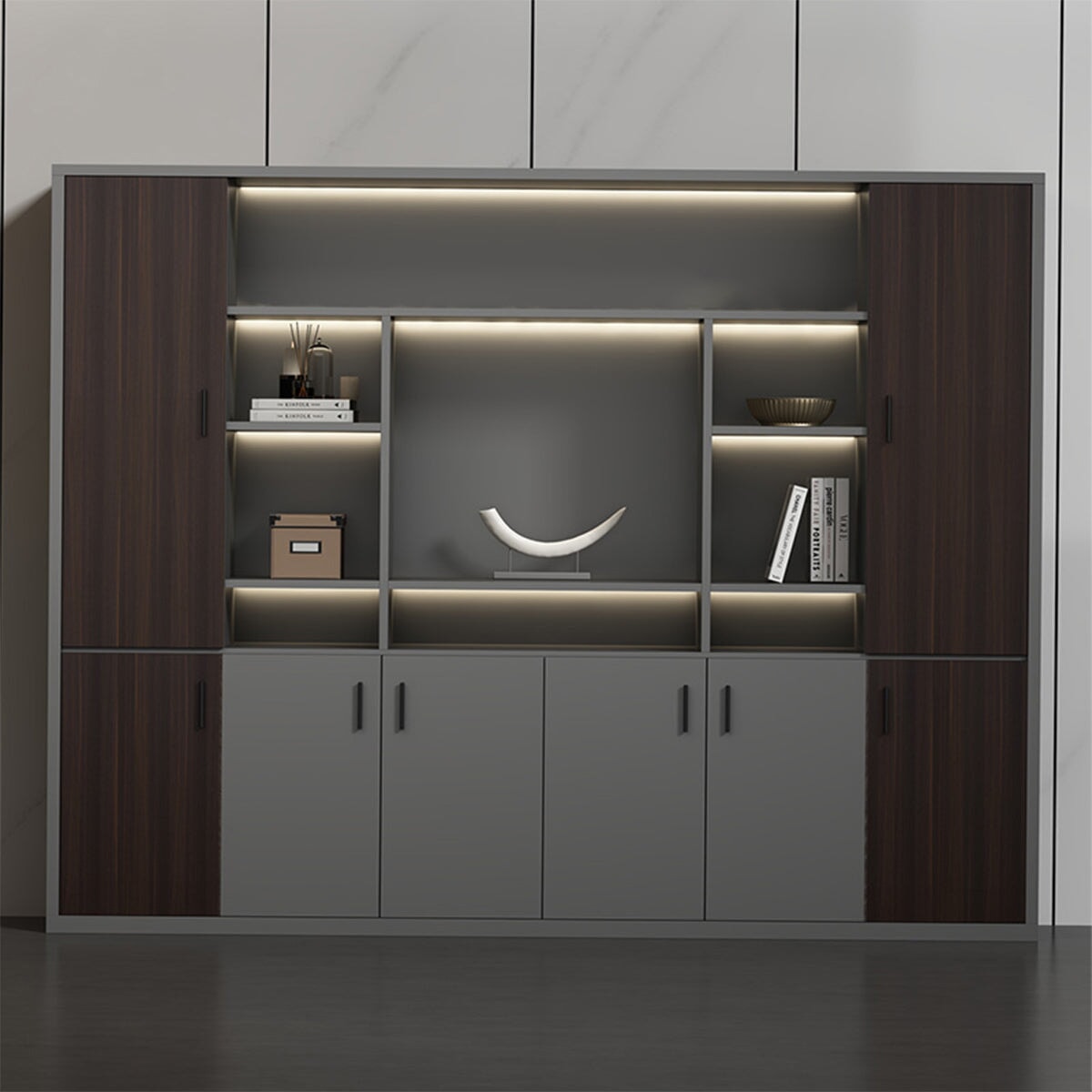 大容量 多段式 分類収納 オープン収納 扉付き 取っ手 台輪 安定性 キャビネット 収納棚 オフィス用 木目調 バイカラー 落ち着き 穏やか カスタマイズ可能 CWG-C023 chickagu