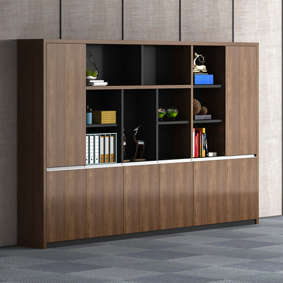 オープン収納 扉付き 多段式 メラミン化粧板 頑丈 大容量 キャビネット 収納棚 収納ラック 木目調 穏やか ウォールナット CWG-C034