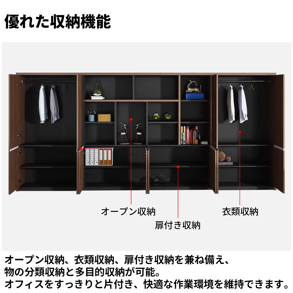 オープン収納 扉付き 多段式 メラミン化粧板 頑丈 大容量 キャビネット 収納棚 収納ラック 木目調 穏やか ウォールナット CWG-C034