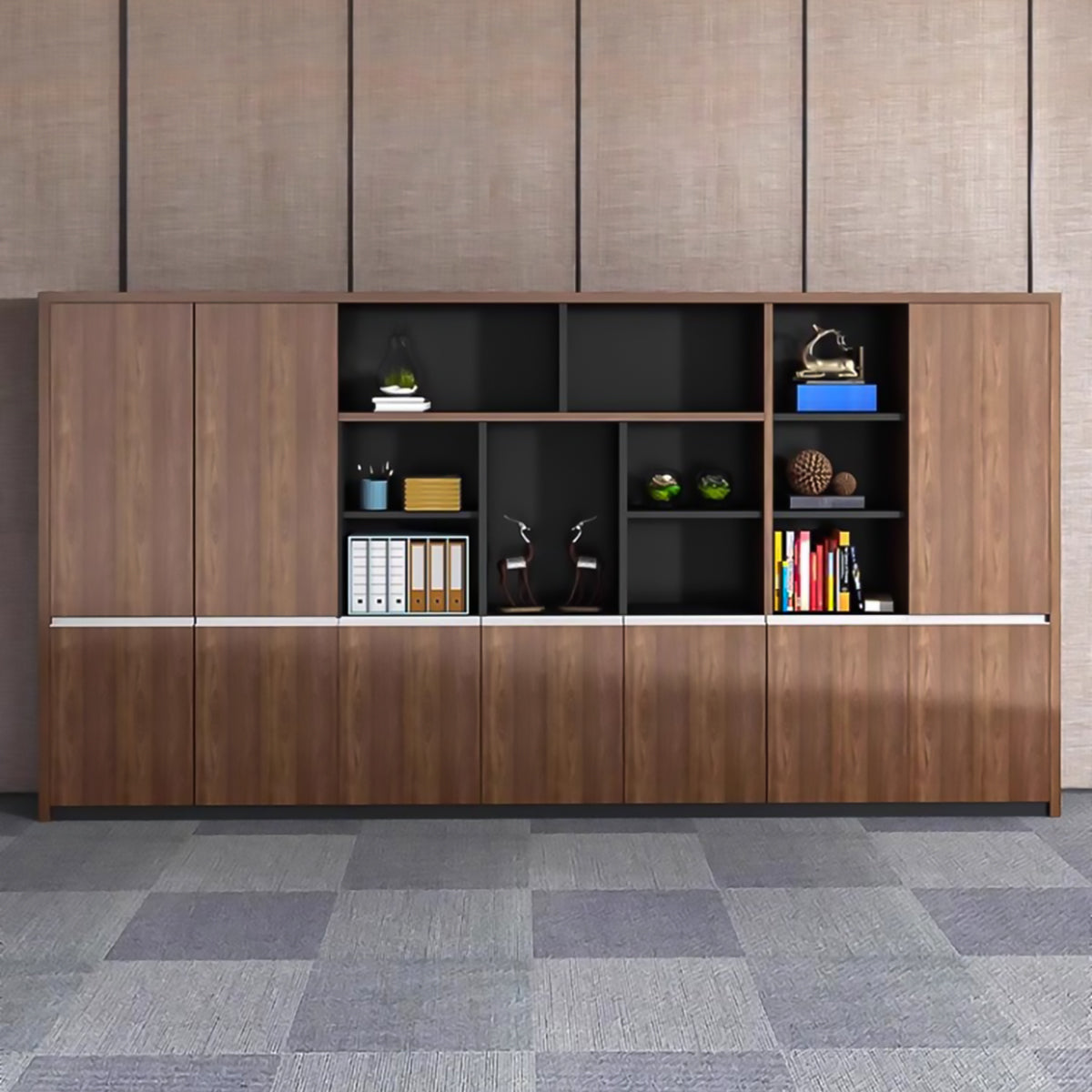 オープン収納 扉付き 多段式 メラミン化粧板 頑丈 大容量 キャビネット 収納棚 収納ラック 木目調 穏やか ウォールナット CWG-C034