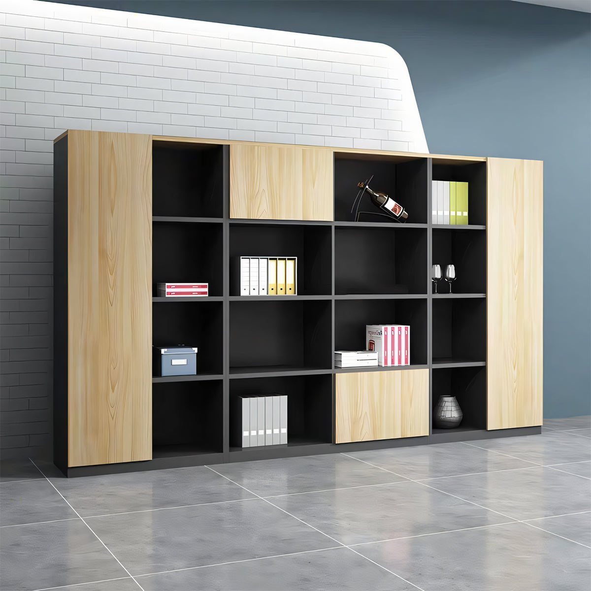 エコ板材 扉付き オープン収納 多段式 台輪 安定性 キャビネット 収納キャビネット 大容量 木目調 落ち着き カスタマイズ可能 CWG-C068