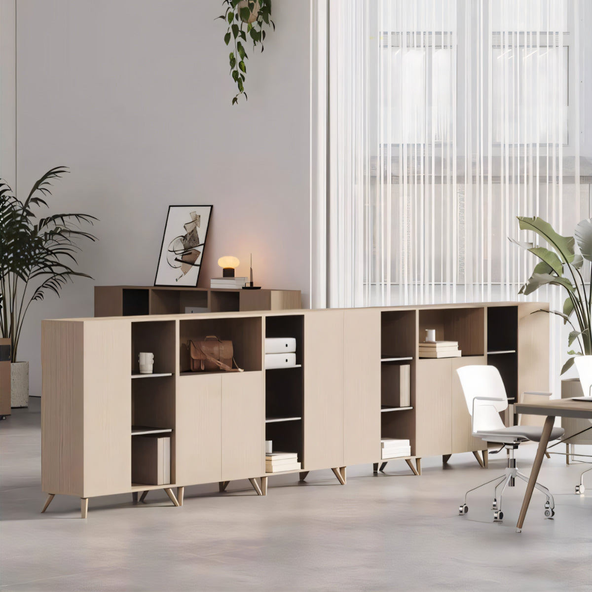 エコ板材 天然木脚 安定性 オープン収納 扉付き 多段式 キャビネット 収納キャビネット 木目調 落ち着き CWG-C069