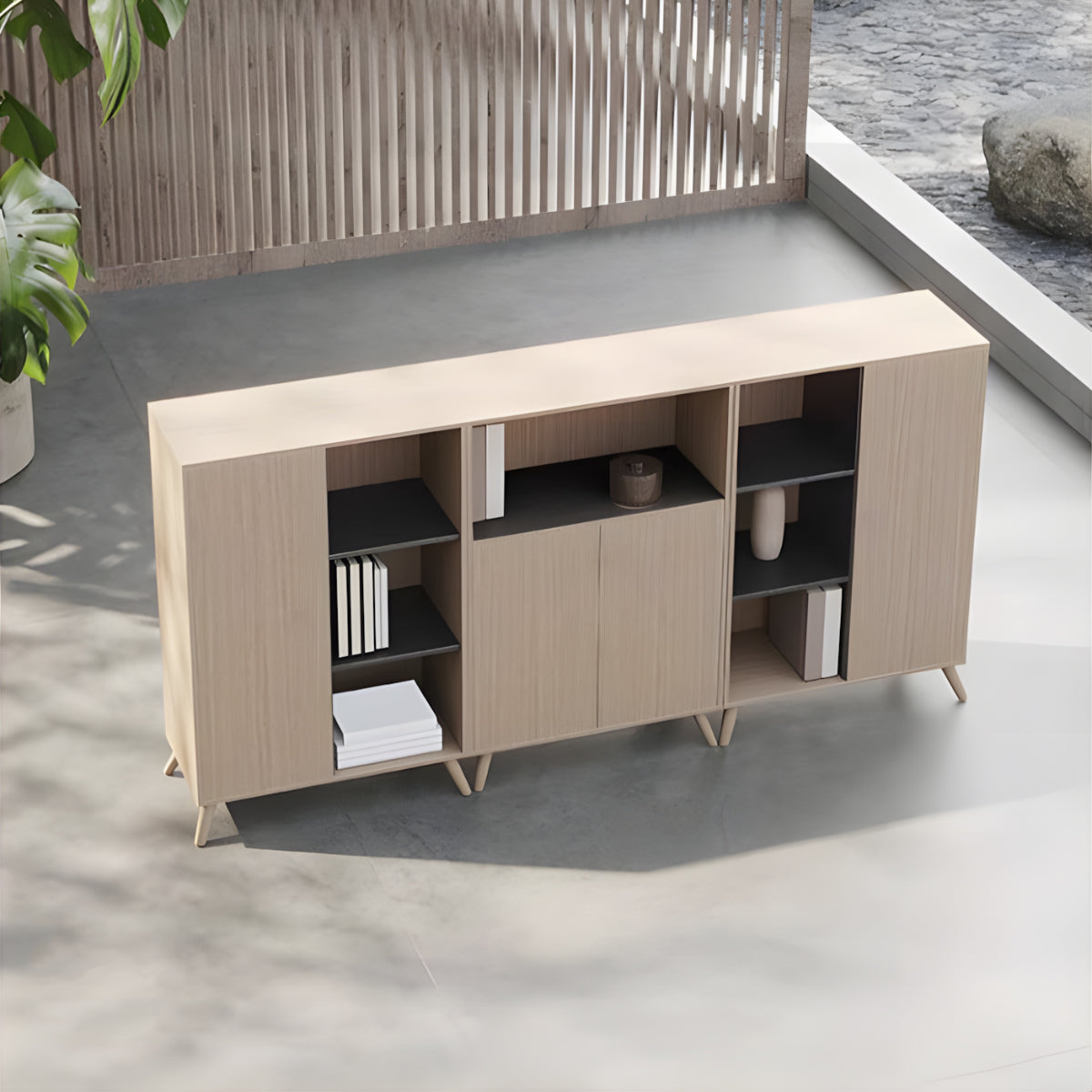 エコ板材 天然木脚 安定性 オープン収納 扉付き 多段式 キャビネット 収納キャビネット 木目調 落ち着き CWG-C069