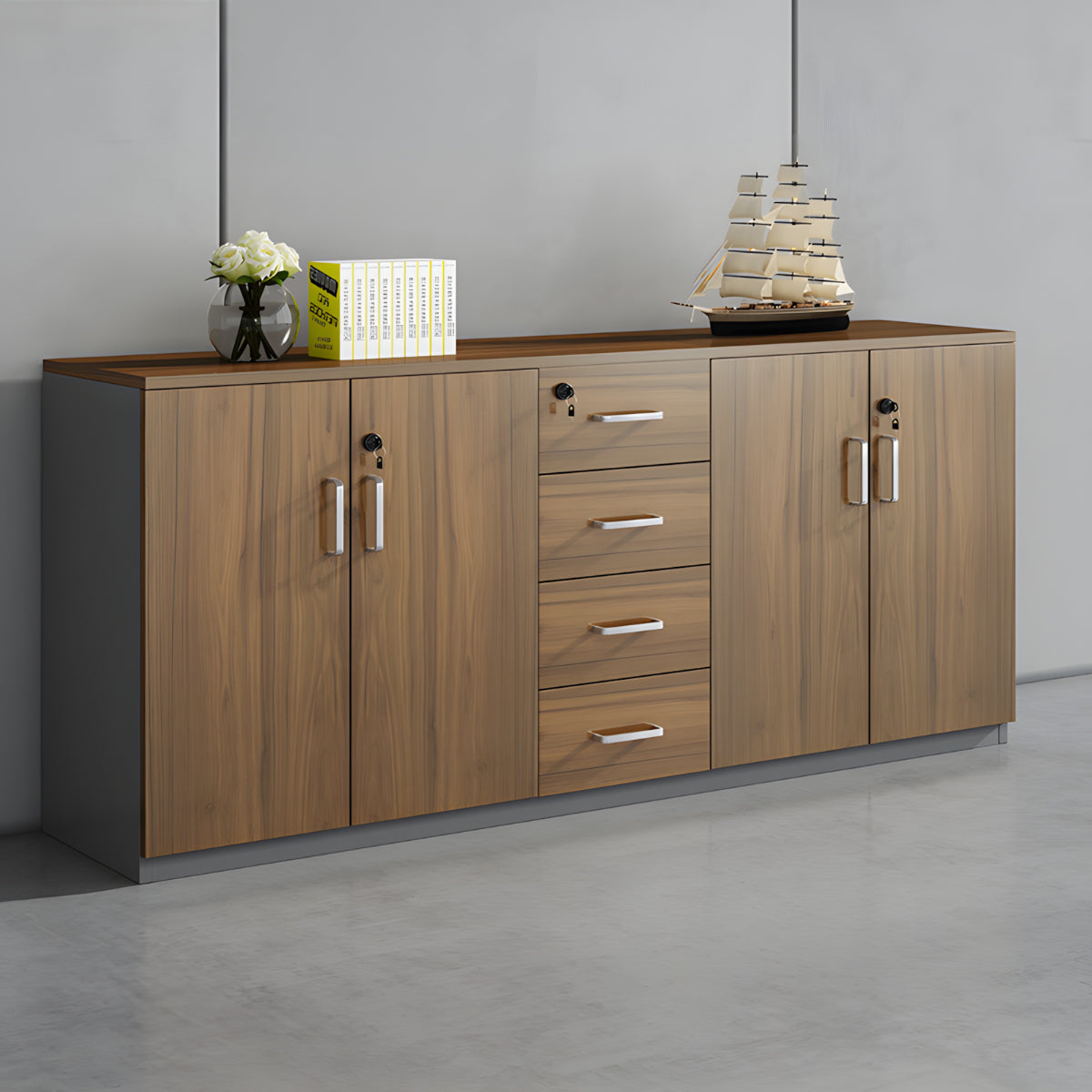 メラミン化粧板 錠付き 扉付き 引き出し 大容量 収納棚 キャビネット 収納キャビネット 木目調 落ち着き ウォールナット カスタマイズ可能 CWG-C072