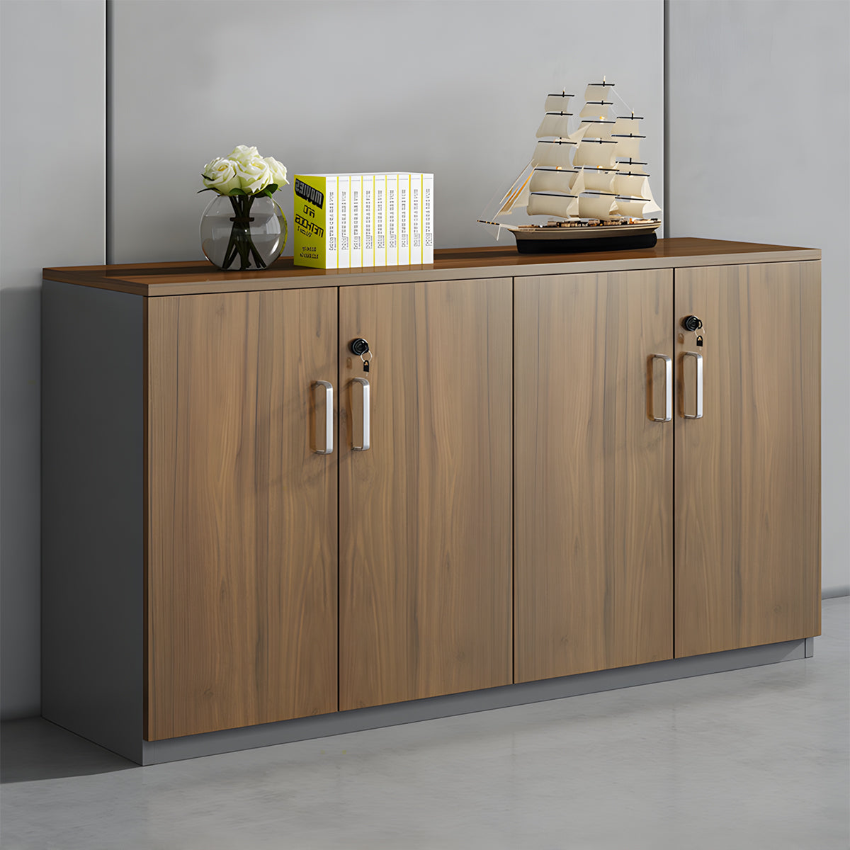 メラミン化粧板 錠付き 扉付き 引き出し 大容量 収納棚 キャビネット 収納キャビネット 木目調 落ち着き ウォールナット カスタマイズ可能 CWG-C072