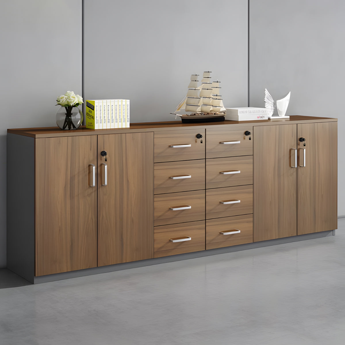 メラミン化粧板 錠付き 扉付き 引き出し 大容量 収納棚 キャビネット 収納キャビネット 木目調 落ち着き ウォールナット カスタマイズ可能 CWG-C072