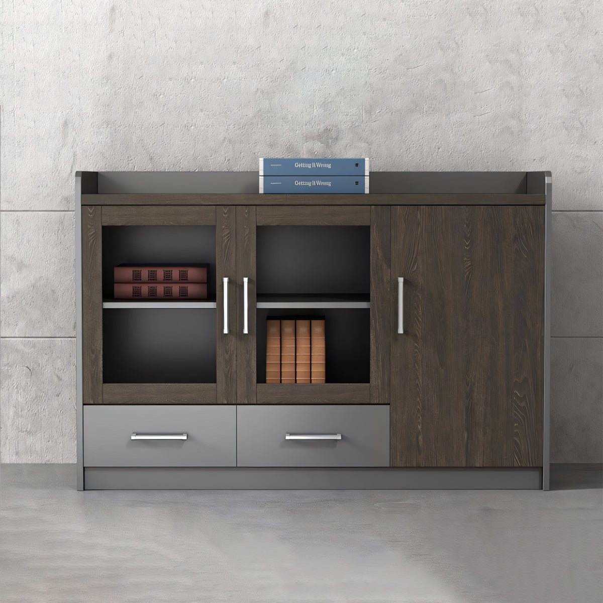 オープン収納 扉付き 大容量 脚付き 収納棚 収納キャビネット キャビネット 洗練 実用 木目調 カスタマイズ可能 CWG-C073