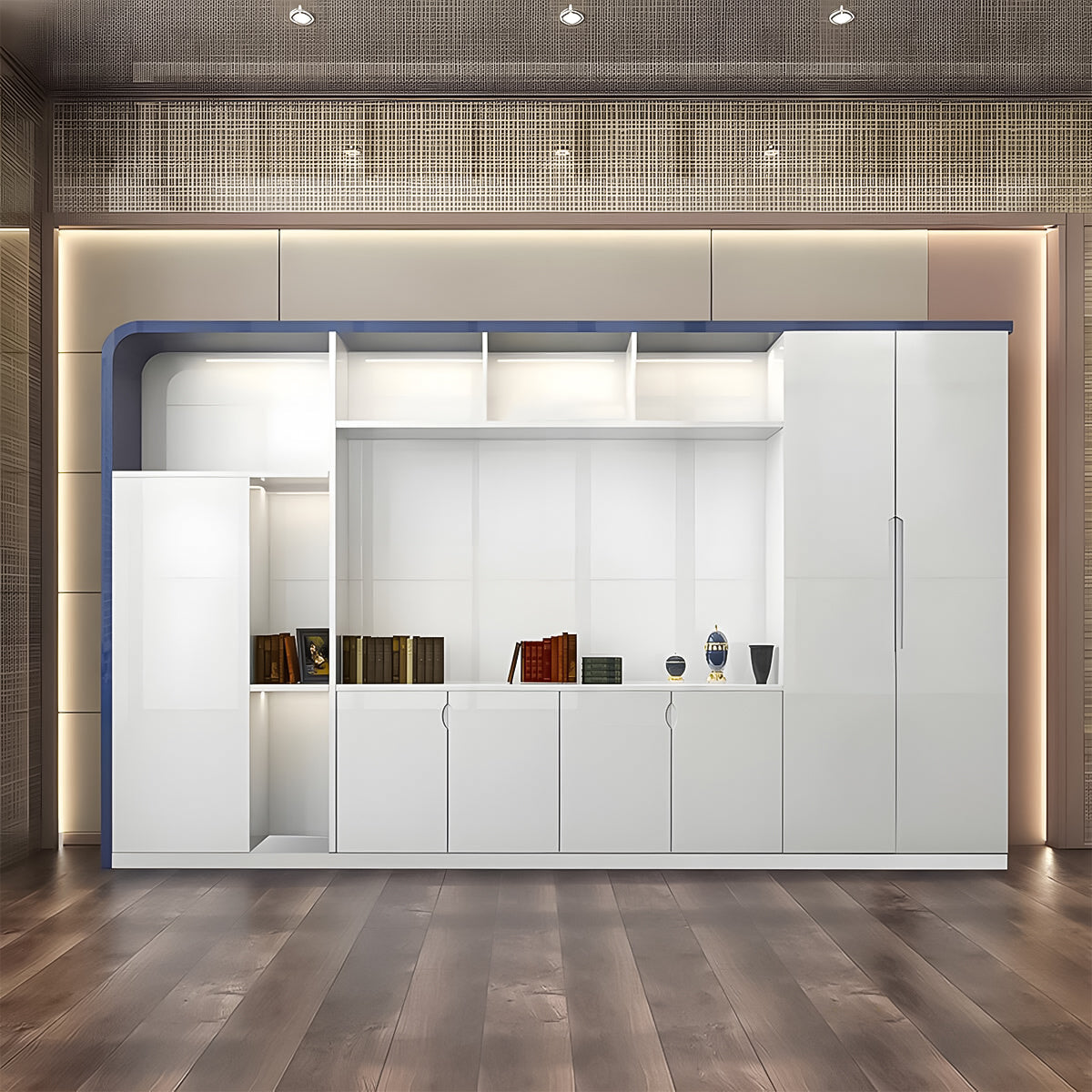 大容量 オープン収納 扉付き 台輪 鏡面仕上げ エコ板材 キャビネット 収納キャビネット 書類棚 すっきり 機能的 上質 カスタマイズ可能 CWG-C085