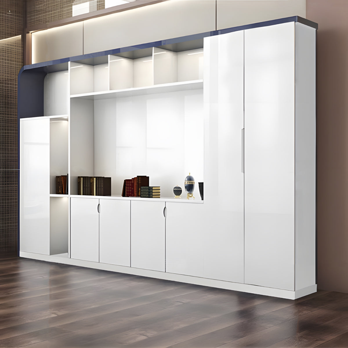 大容量 オープン収納 扉付き 台輪 鏡面仕上げ エコ板材 キャビネット 収納キャビネット 書類棚 すっきり 機能的 上質 カスタマイズ可能 CWG-C085