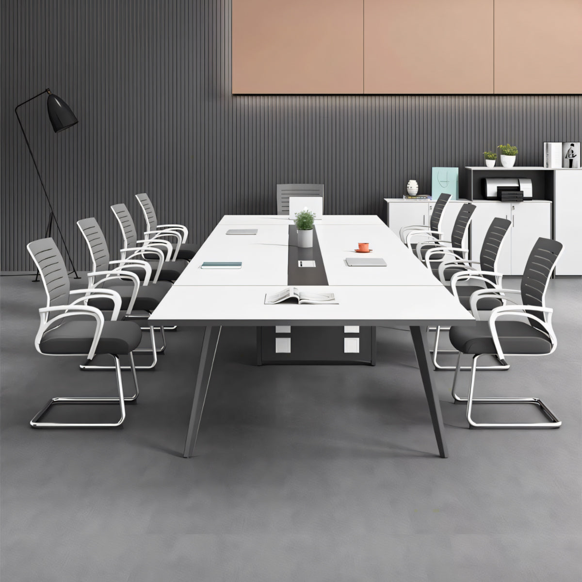 配線穴 エコ板材 厚み バイカラー 金属脚 八の字構造 安定性 テーブル 会議テーブル シンプル 洗練 ホワイト カスタマイズ可能 HYZ-C045