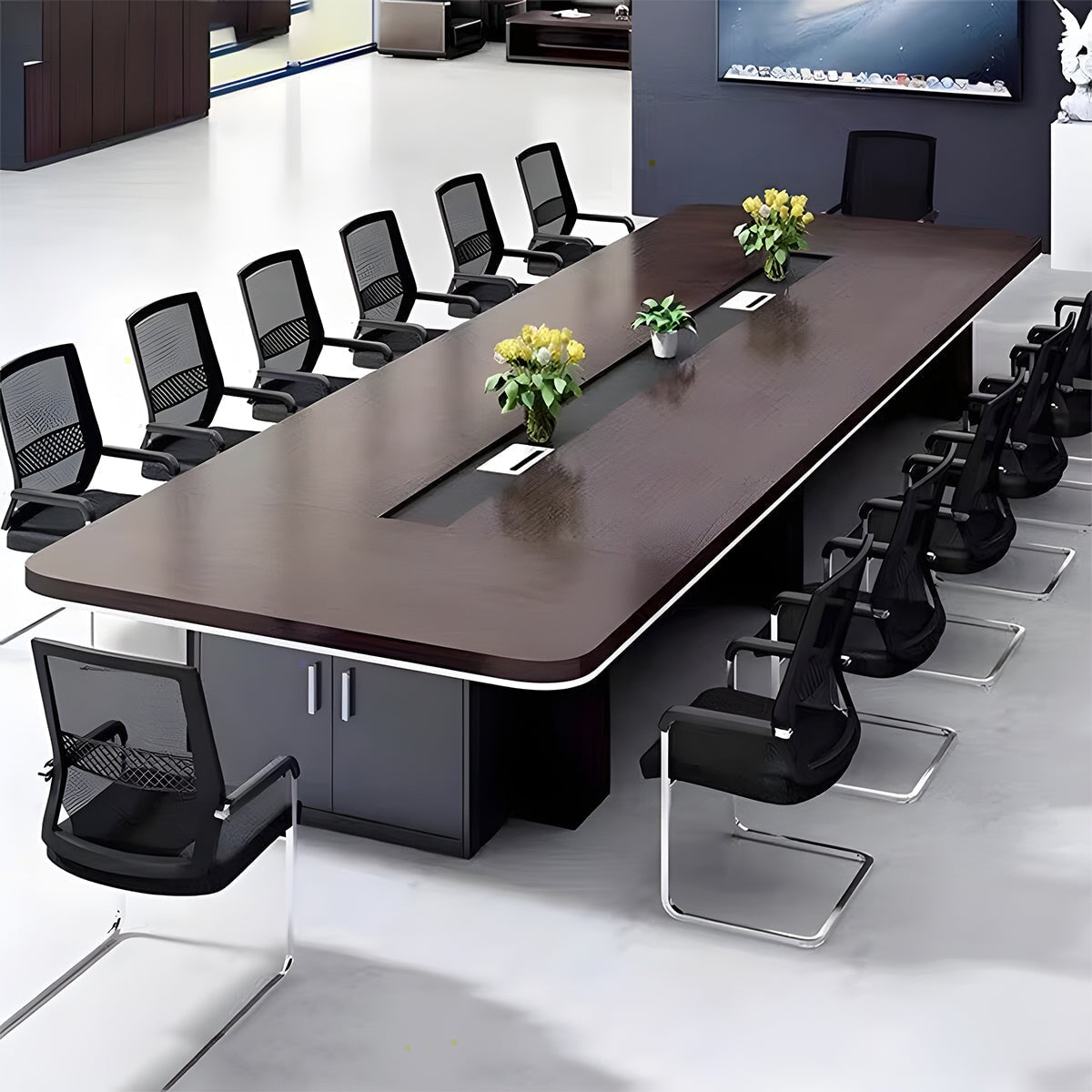 安定性 重厚感 扉付き収納 大容量 配線ボックス 分厚い天板 幅広 会議テーブル ミーティングテーブル 木目調 落ち着き 上質 カスタマイズ可能 HYZ-C056 chickagu