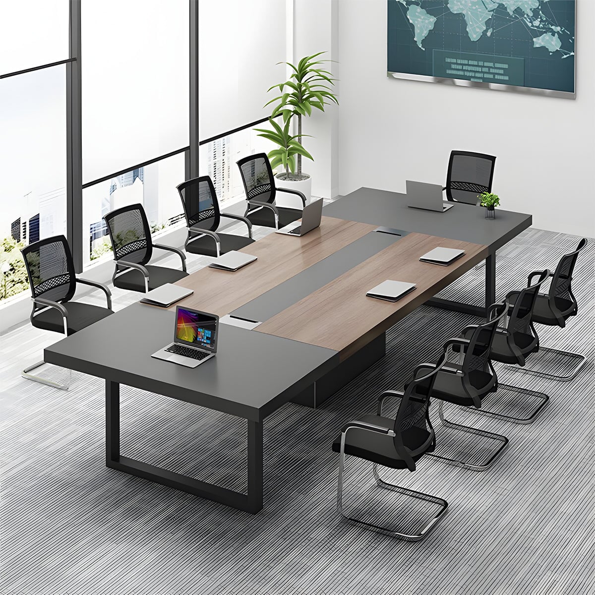 エコ板材 分厚い天板 配線ボックス スチールフレーム 安定性 テーブル 会議テーブル ミーティング 木目調 落ち着き 重厚感 カスタマイズ可能 HYZ-C068 chickagu