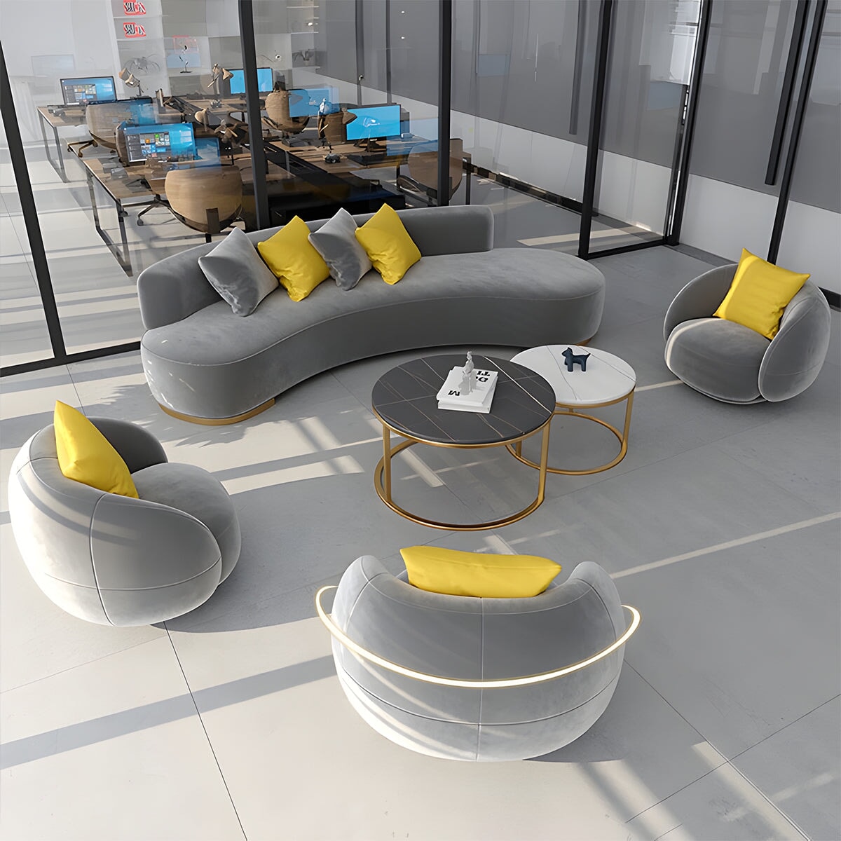 弧状 フランネル生地 なめらか 広い座面 センターテーブル ウレタン充填 ソファ 応接ソファ セット 柔らか 快適 心地よい 上質 グレー カスタマイズ可能 JDSF-C005 chickagu