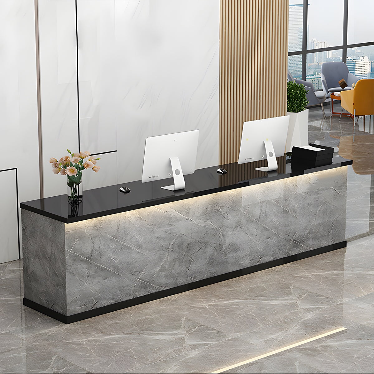 木製受付カウンター レセプションデスク レジカウンター 受付カウンター エントランス受付 業務用 会社用 キーボードトレイ付き 広い天板 高級感 chickagu