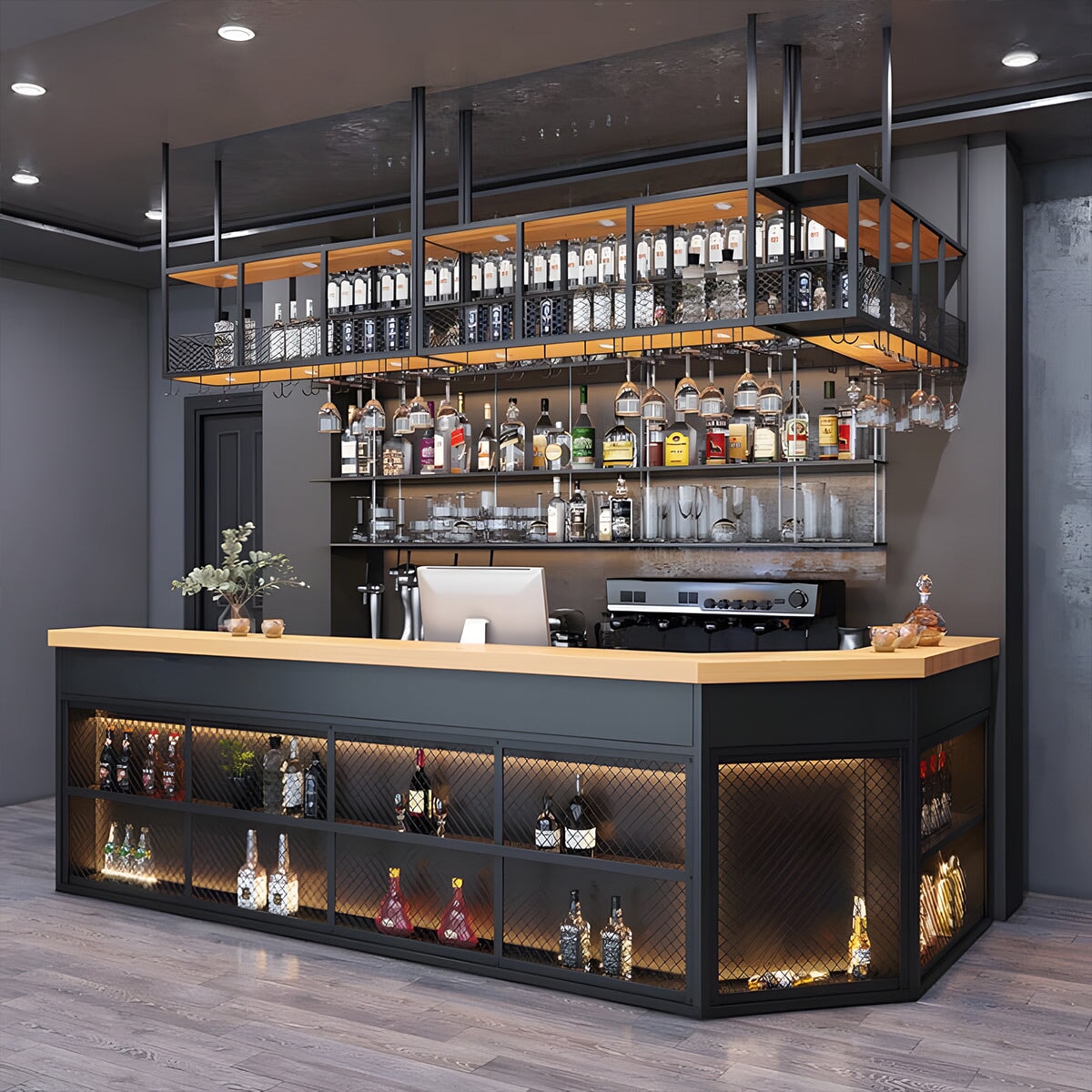 L型 LEDライト付き ショーケース付き 受付カウンター バーカウンター 受付台 カウンターテーブル 無垢材 収納棚 ブラック カスタマイズ可能 JDT-C026 CHICKAGU