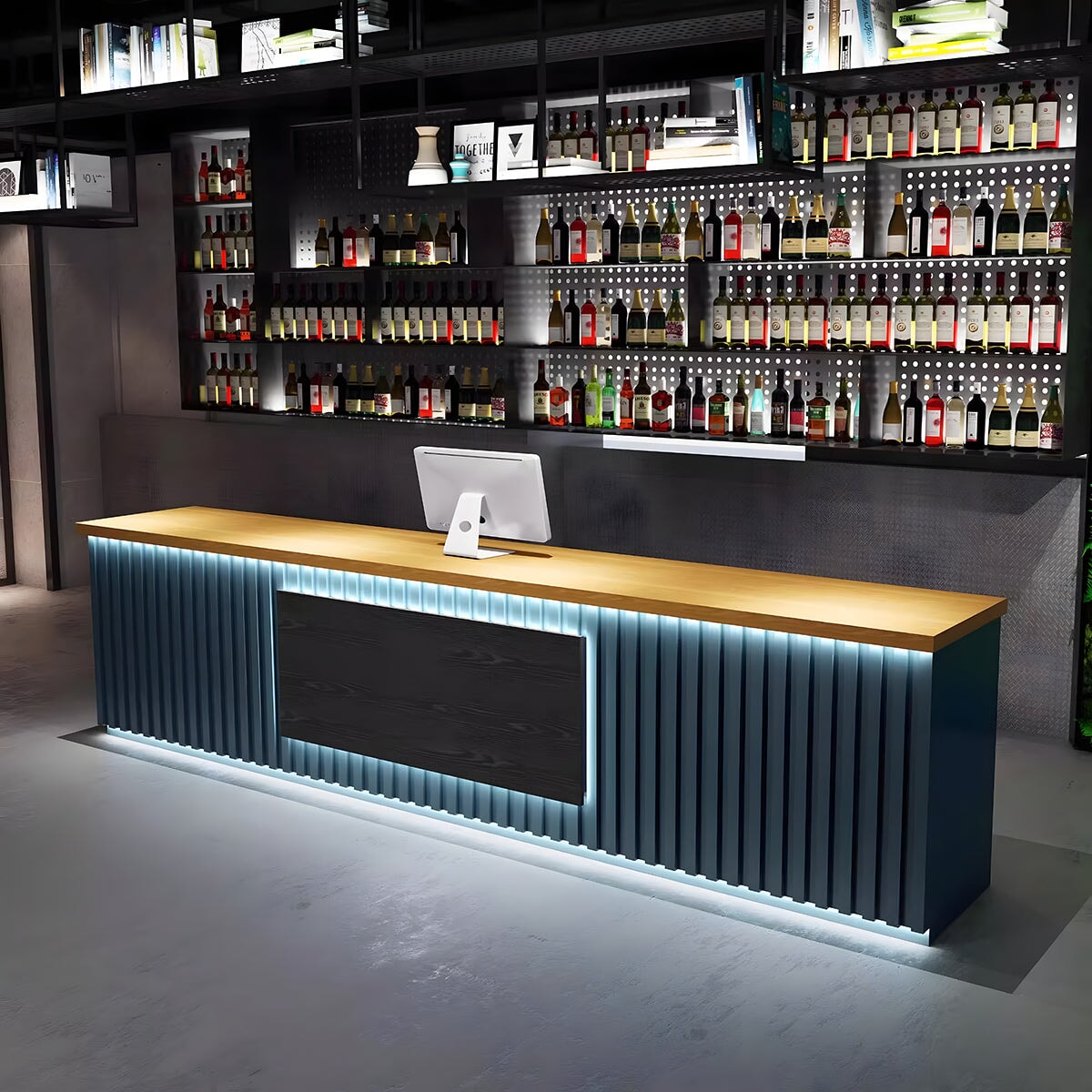 LEDライト付き 大容量収納 鍵付き引き出し 受付カウンター バーカウンター 受付台 カウンターテーブル L型 おしゃれ ブルー カスタマイズ可能 JDT-C029  chickagu