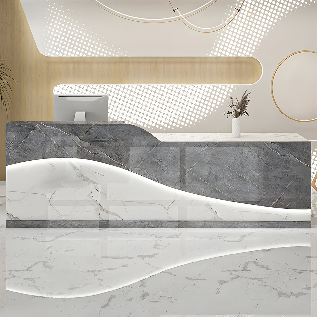 鏡面仕上げ エコ板材 頑丈 引き出し 錠付き 配線孔 受付カウンター カウンター モダン 高級感 上質 カスタマイズ可能 JDT-C047