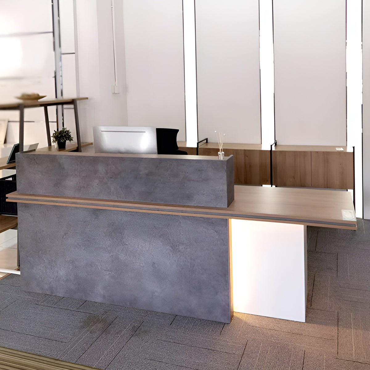 エコ板材 分厚い天板 重厚感 上部天板 LEDライト 扉付き収納 大容量 マルチカラー 受付カウンター カウンター 洗練 機能的 モダン ホワイト カスタマイズ可能 JDT-K-008