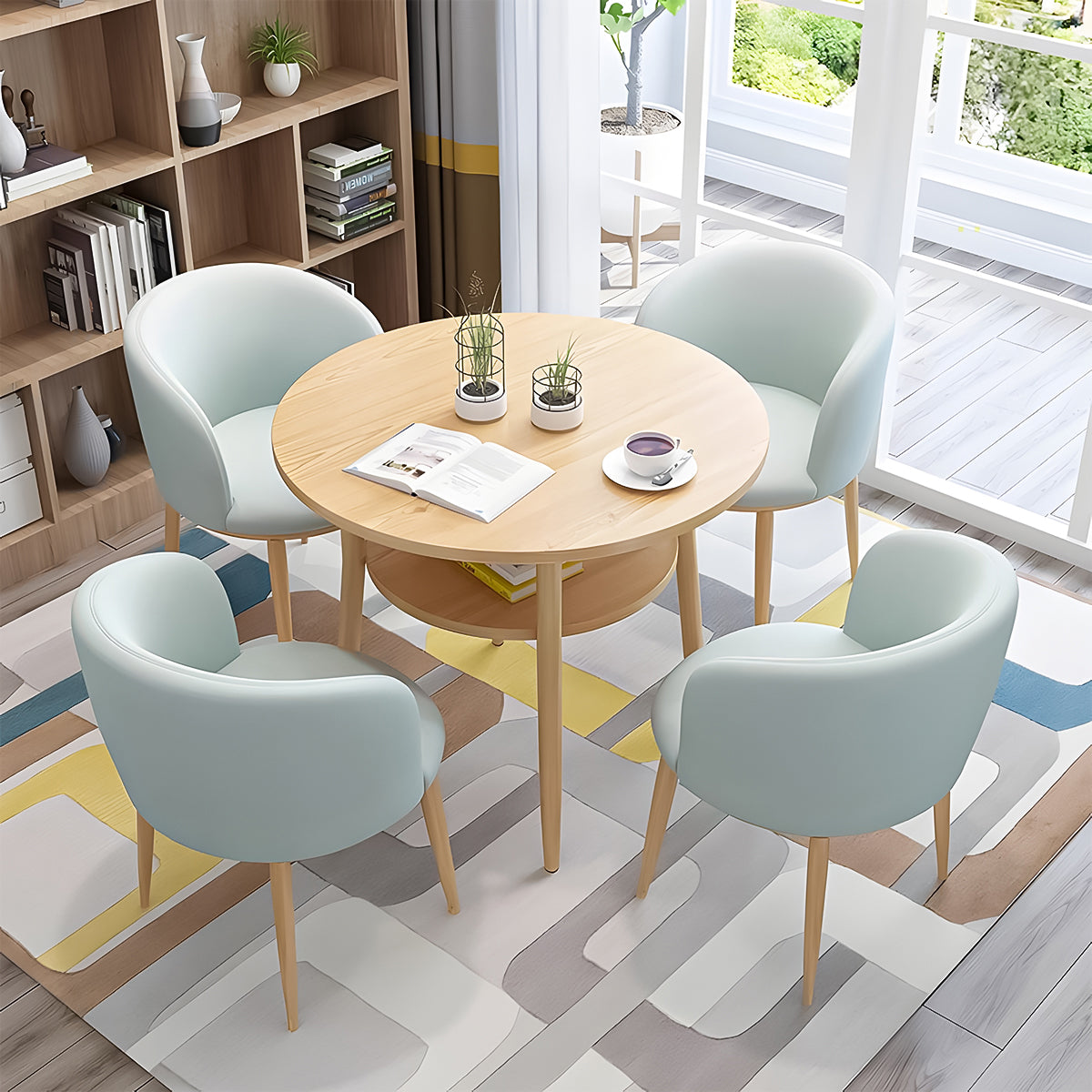 丸型天板 棚付き メラミン化粧板 アイアン脚 頑丈 高反発ウレタン 柔らか 応接セット テーブル チェア シンプル ミニマル 木目調 カスタマイズ可能 JDZH-C005