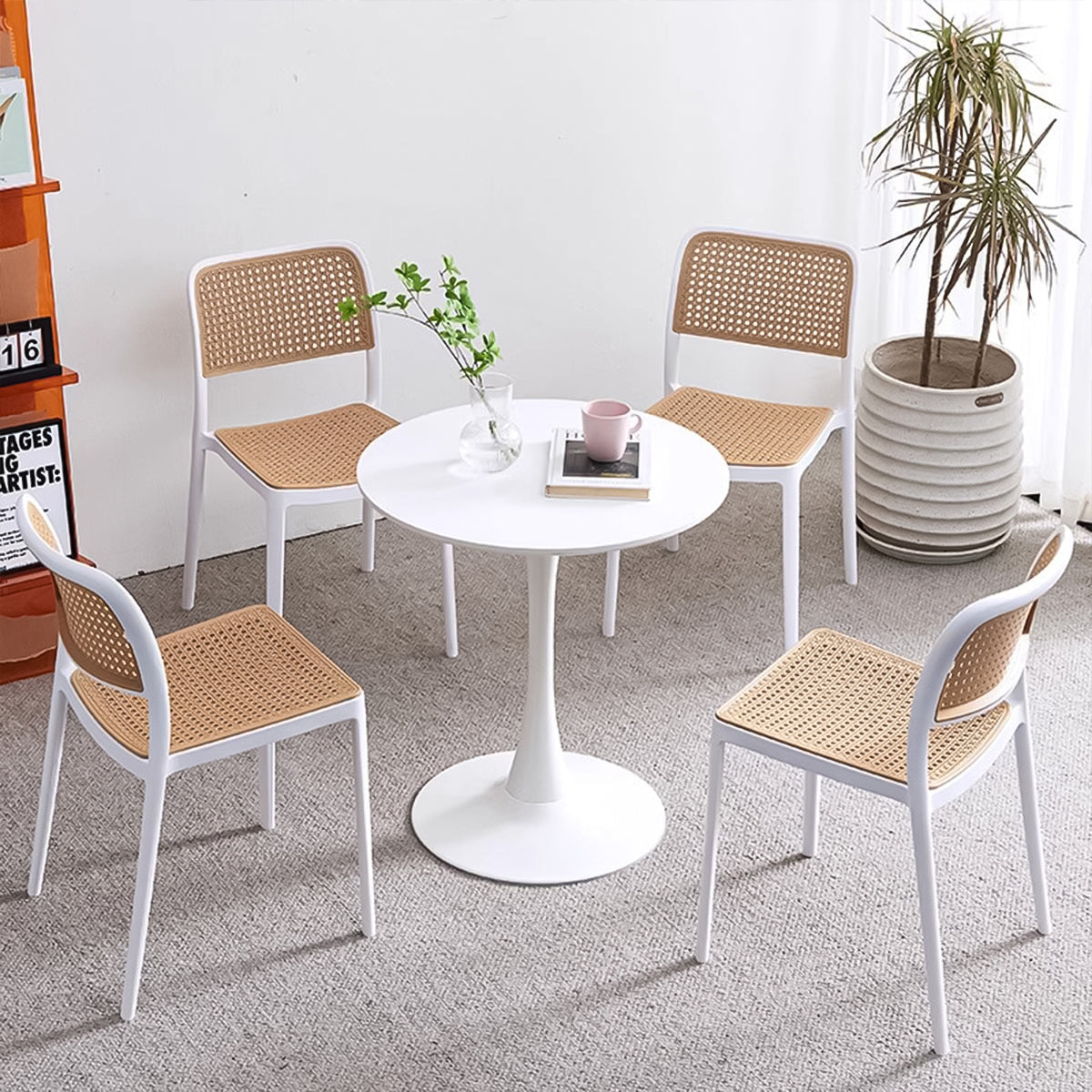 ラタン編み スタッキング R仕上げ ポリプロピレン 頑丈 丸型 金属ベース 応接セット テーブル チェア シンプル 洗練 カジュアル ホワイト カスタマイズ可能 JDZH-C018