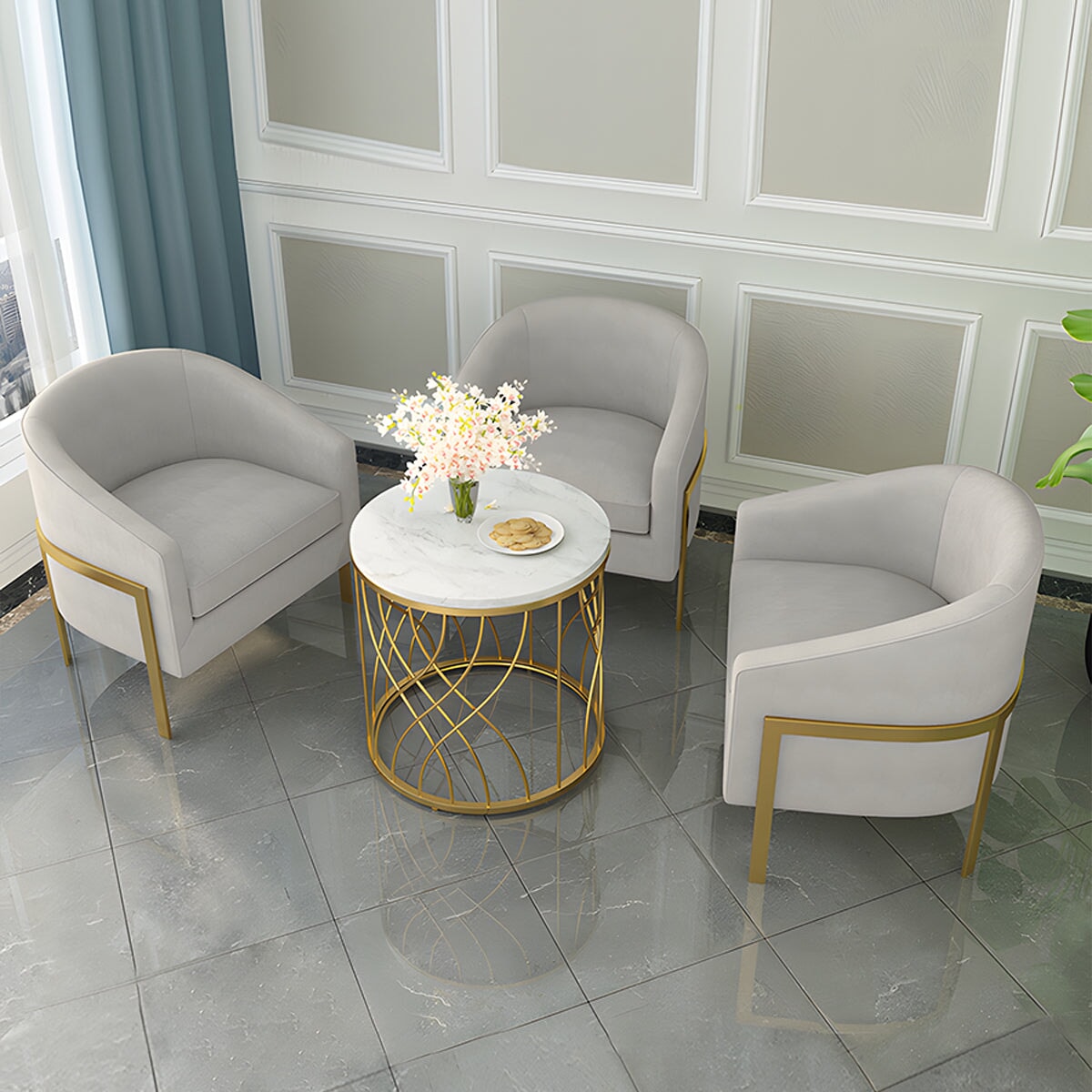 応接セット セット テーブル ソファ 綿麻生地 通気性 サラサラ アイアン脚 耐食性 一体式背もたれ ウレタン充填 柔らか マーブル天板 上質 高級感 JDZH-C024  chickagu