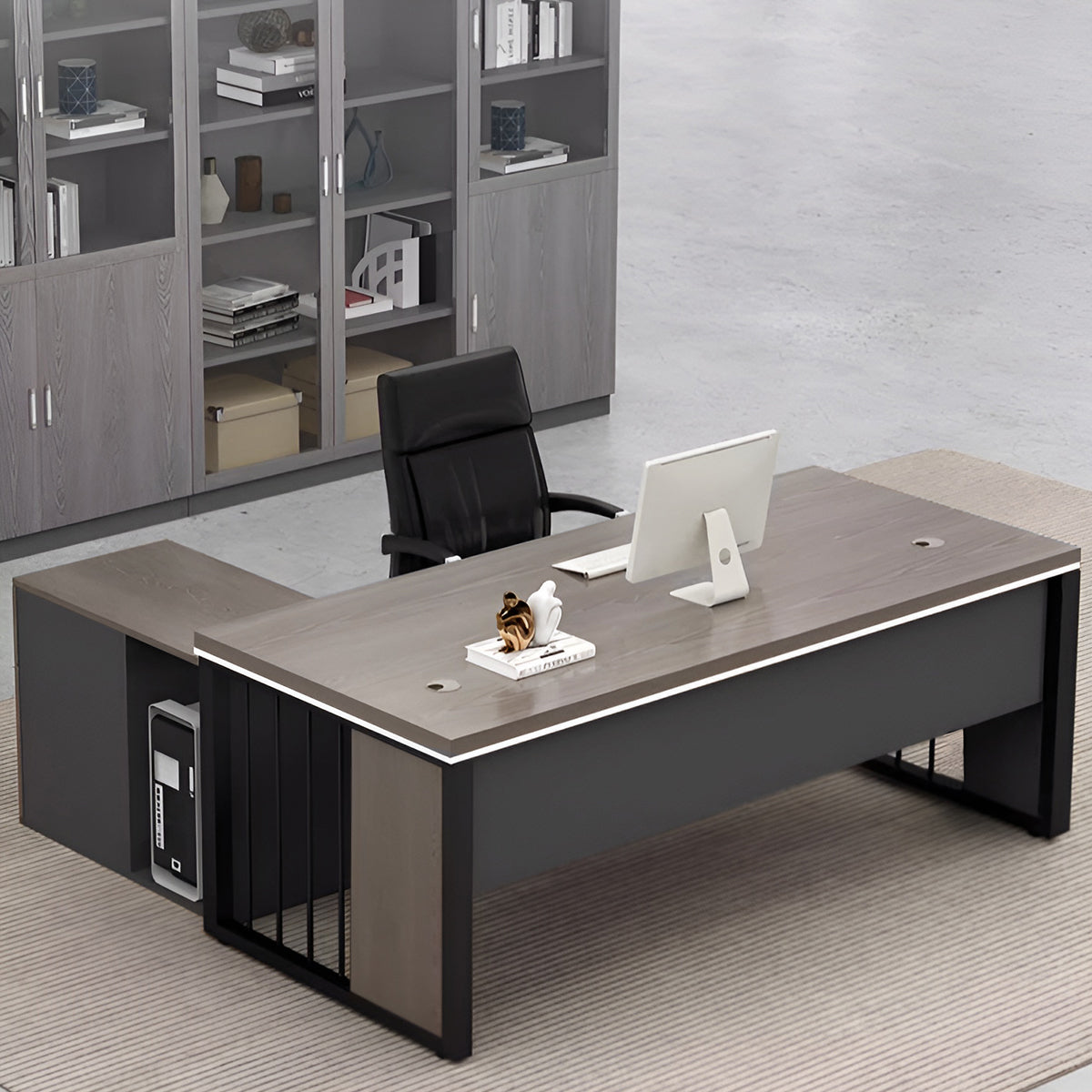 エグゼクティブデスク オフィス家具 PCデスク スチール脚 幕板付き 取っ手付き 配線孔付き シンプルモダン グレーオーク ウォルナット LBZ-K-053