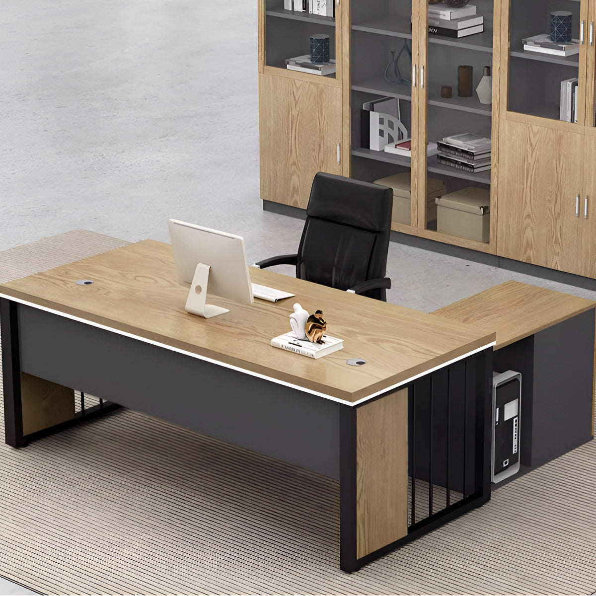 エグゼクティブデスク オフィス家具 PCデスク スチール脚 幕板付き 取っ手付き 配線孔付き シンプルモダン グレーオーク ウォルナット LBZ-K-053