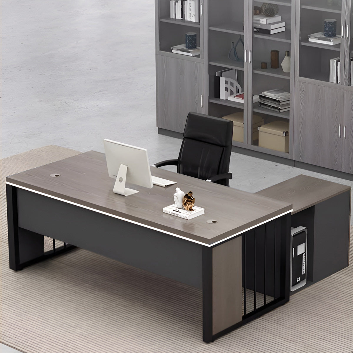 エグゼクティブデスク オフィス家具 PCデスク スチール脚 幕板付き 取っ手付き 配線孔付き シンプルモダン グレーオーク ウォルナット LBZ-K-053