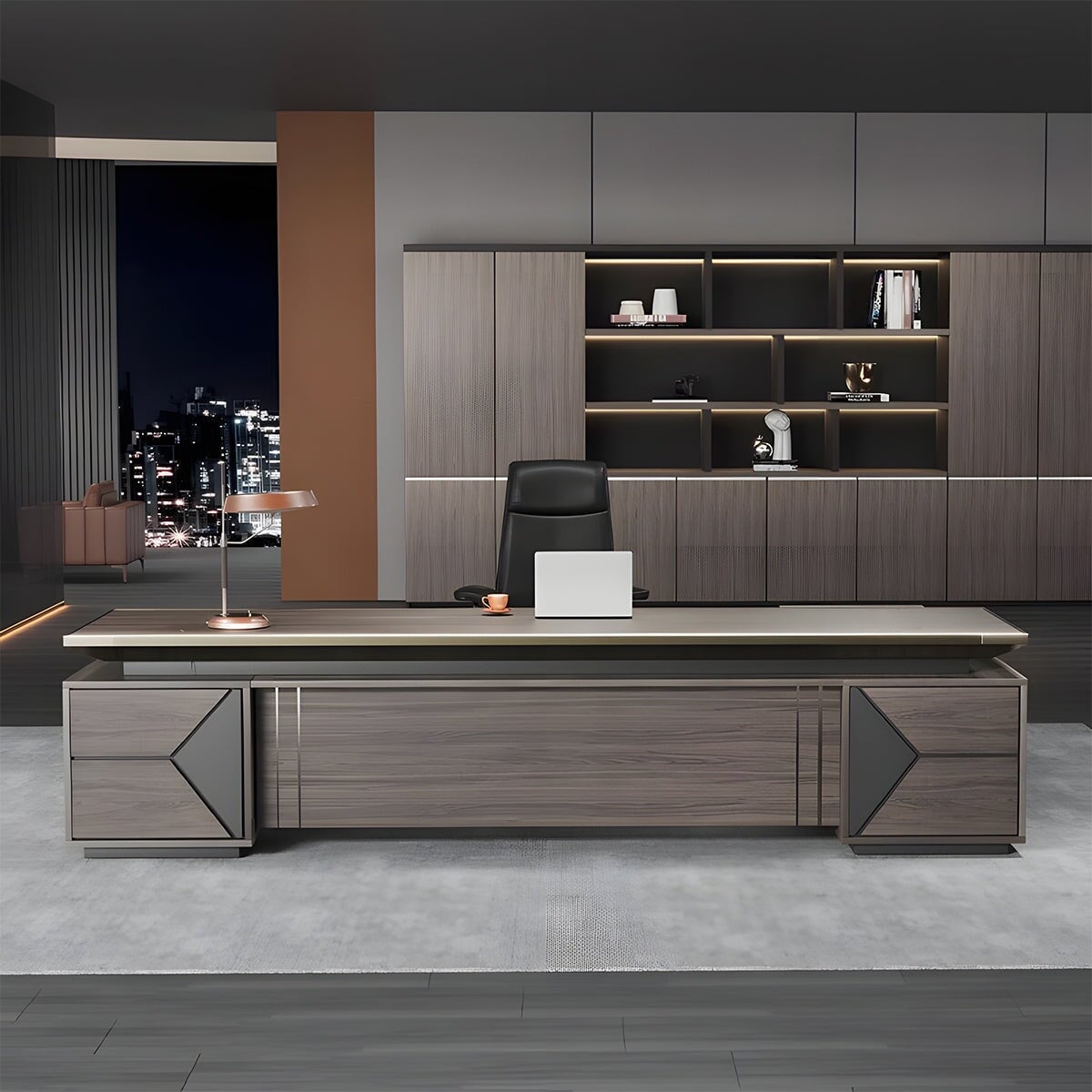 分厚い天板 斜めカット キャビネット 大容量 引き出し ダイヤル錠付き 防犯性 通気口 幕板 デスク エグゼクティブ 役員デスク 木目 落ち着き 優雅 カスタマイズ可能 LBZ-C025