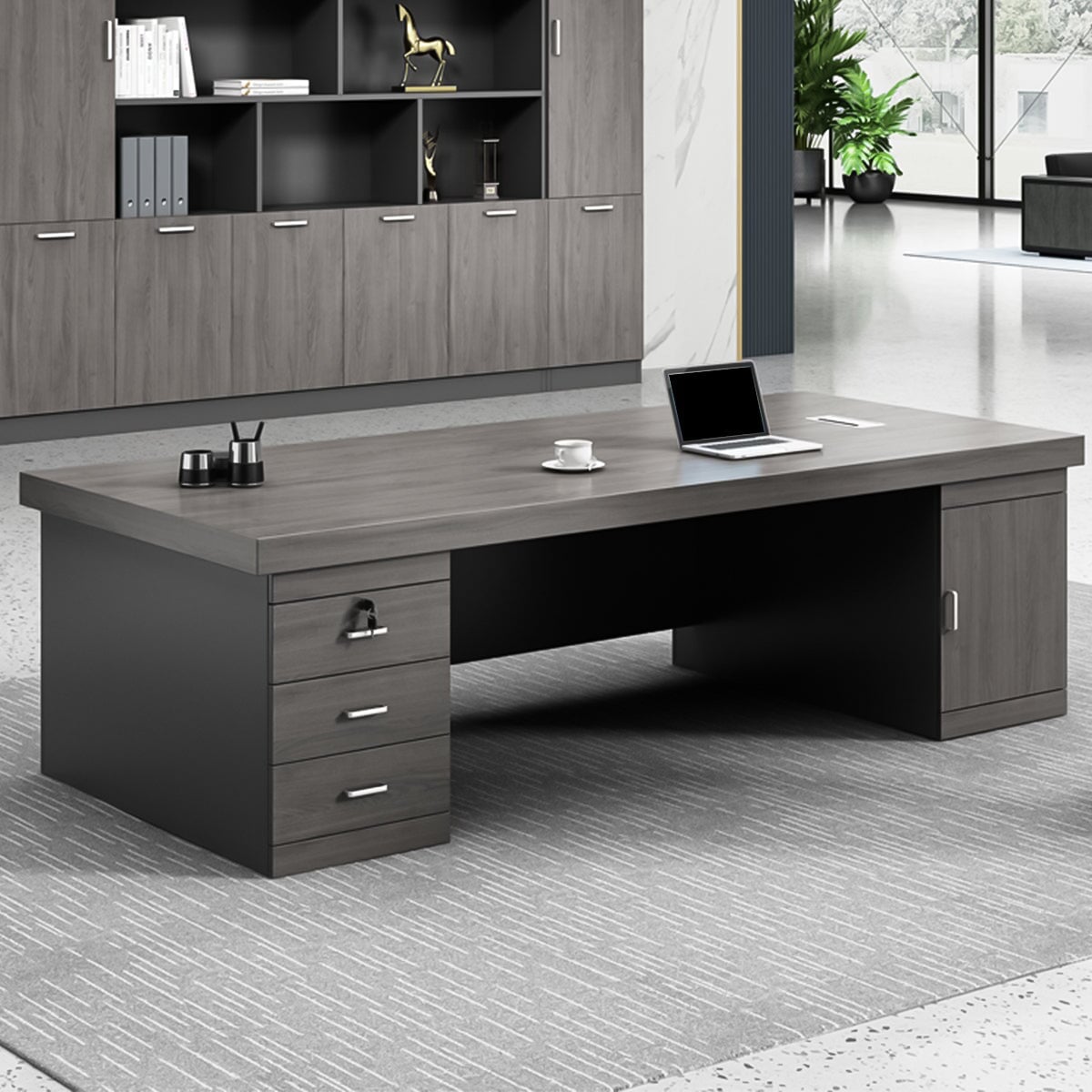 分厚い天板 頑丈 配線ボックス 幕板 安定性 幅広 サイドキャビネット 引き出し 扉付き収納 デスク エグゼクティブ 役員デスク 落ち着き 重厚感 カスタマイズ可能 LBZ-C053