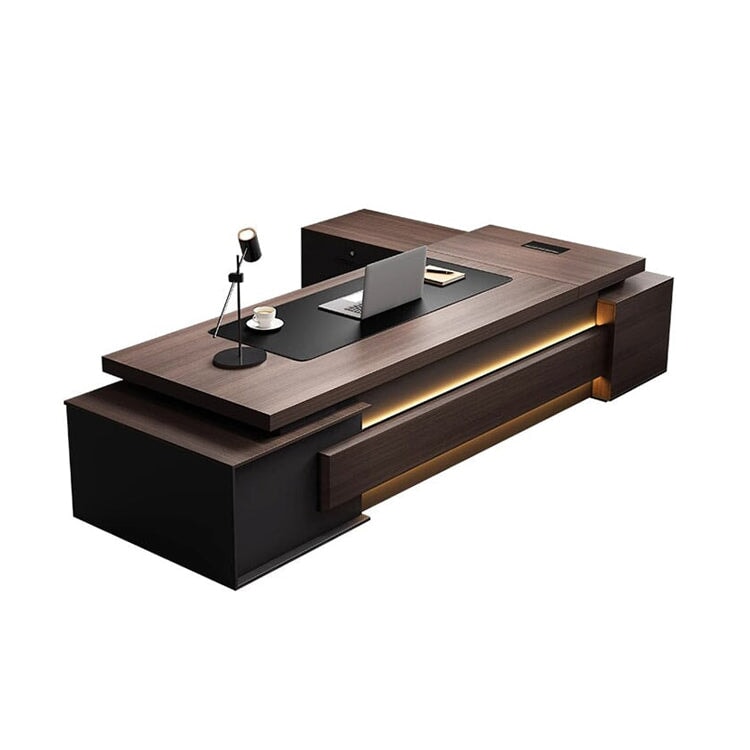 分厚い天板 幅広 幕板 配線ボックス サイドキャビネット2つ 大容量 分類収納 デスク 役員デスク エグゼクティブ 落ち着き 機能的 上質 カスタマイズ可能 LBZ-C057