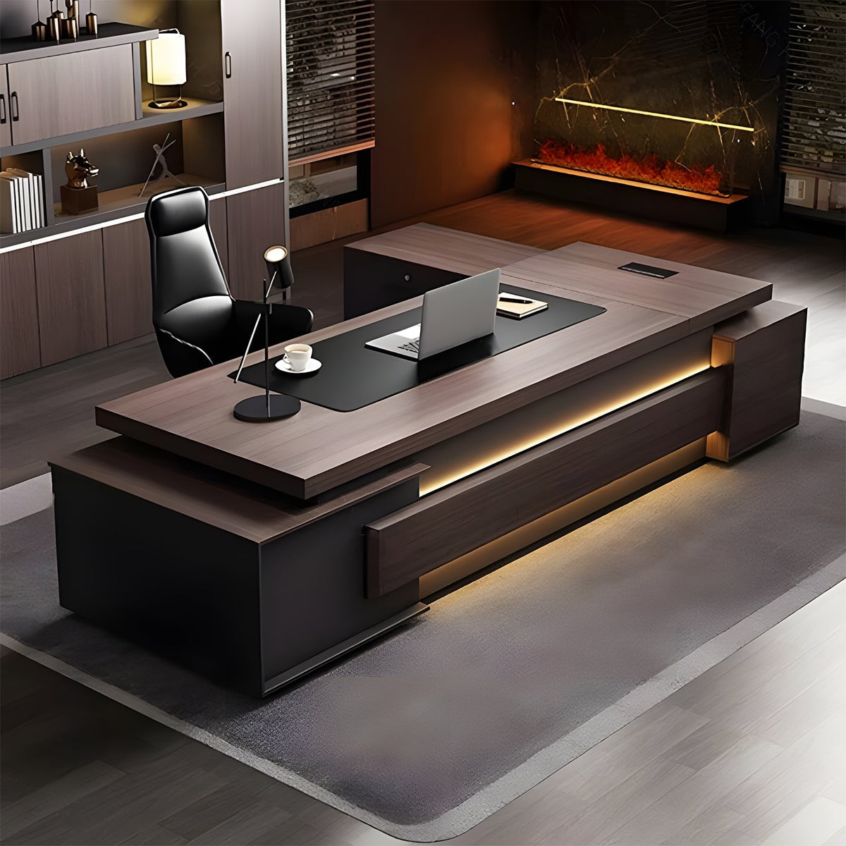 分厚い天板 幅広 幕板 配線ボックス サイドキャビネット2つ 大容量 分類収納 デスク 役員デスク エグゼクティブ 落ち着き 機能的 上質 カスタマイズ可能 LBZ-C057