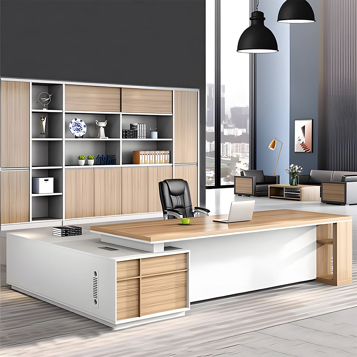 分厚い天板 収納棚 キャビネット 大容量 配線ボックス 通気孔 デスク 役員デスク エグゼクティブ 安定性 木目調 ナチュラル 簡素 機能的 カスタマイズ可能 LBZ-C058 chickagu