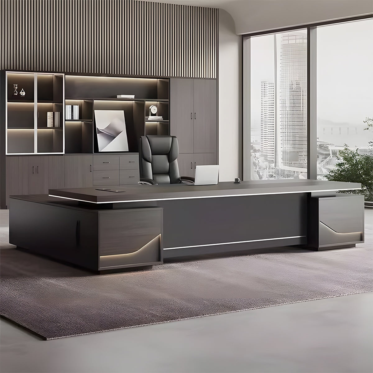 L字 幅広 分厚い天板 キャビネット 大容量 配線ボックス 通気孔 LEDライト デスク 役員デスク エグゼクティブ 重厚 上質 機能的 カスタマイズ可能 LBZ-C062 chickagu