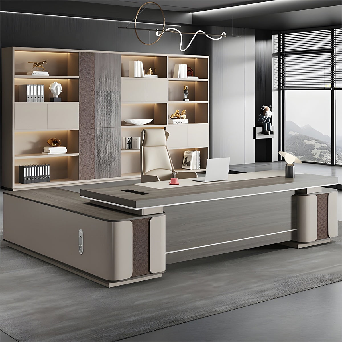 大容量キャビネット 通気孔 分厚い天板 幕板 安定性 デスク エグゼクティブ 執務デスク 市松模様 木目調 上質 エレガント 格調 カスタマイズ可能 LBZ-C069 chickagu