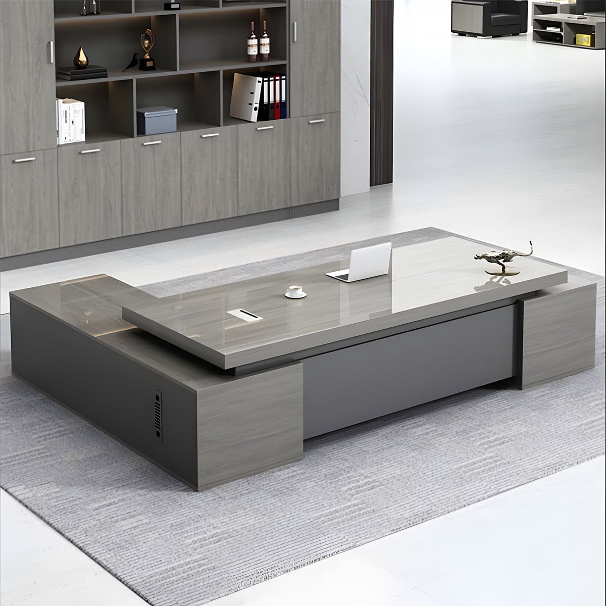 配線ボックス 通気口 幕板 プライバシー配慮 安定性 幅広 デスク エグゼクティブ 役員デスク L型デスク 木目調 ダークトーン カスタマイズ可能 LBZ-C074