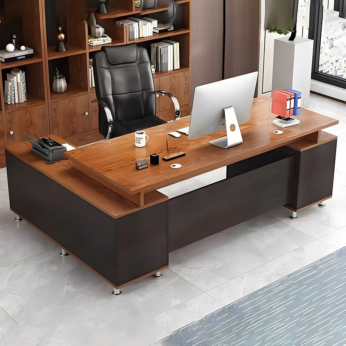 エコ板材 配線孔キャップ 広い天板 サイドキャビネット 大容量 Ⅼ字タイプ デスク ワークスペース 役員デスク 機能的 木目調 カスタマイズ可能 LBZ-C075