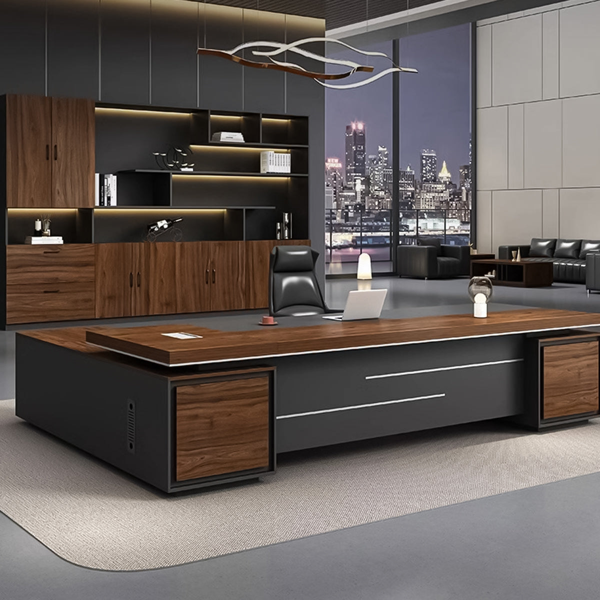分厚い天板 配線ボックス 通気口 キャビネット 引き出し 分類収納 大容量 デスク エグゼクティブ 役員デスク 木目調 穏やか エレガント カスタマイズ可能 LBZ-C076