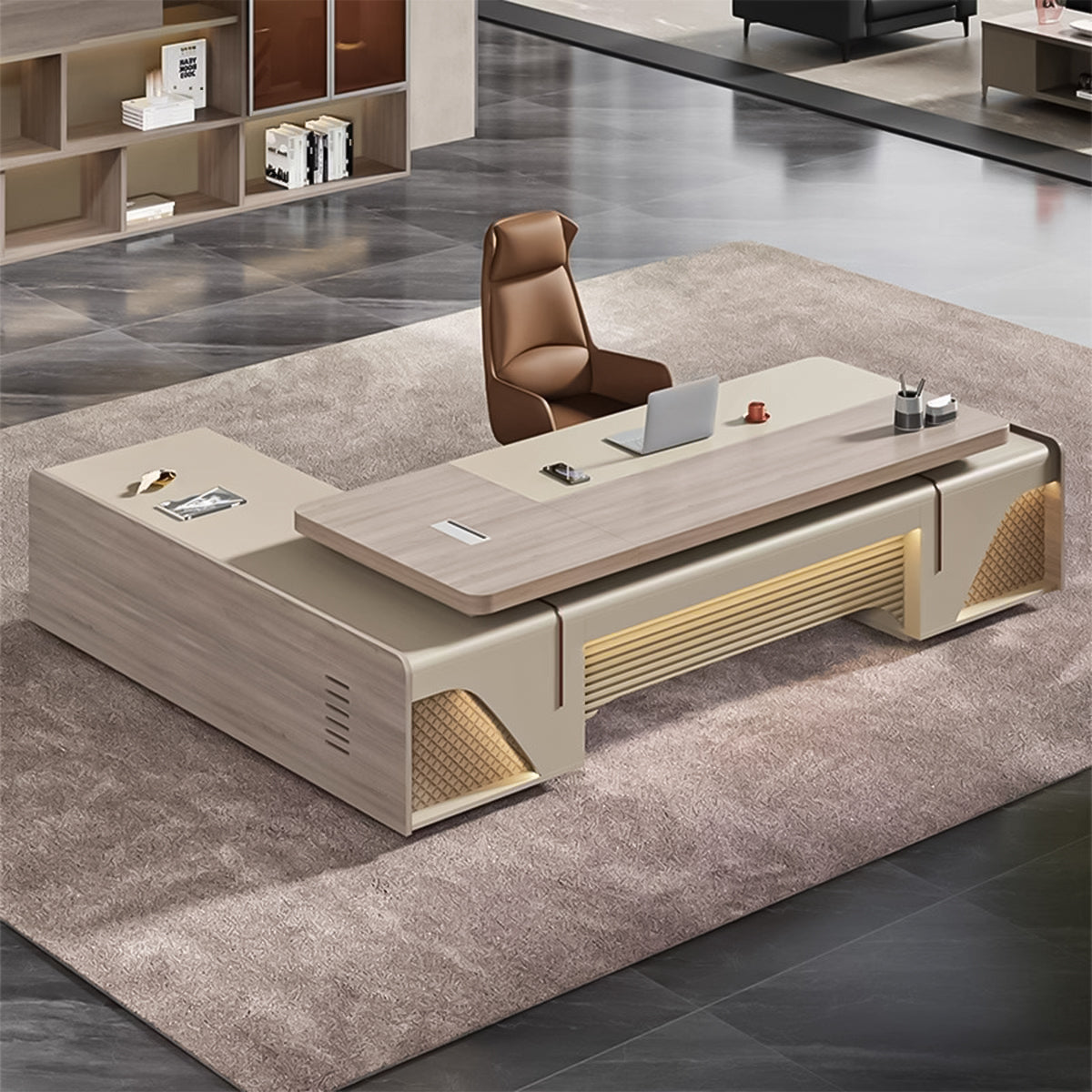 バイカラー 分厚い天板 頑丈 R仕上げ 通気口 幕板 サイドキャビネット 大容量 デスク エグゼクティブ 役員デスク エレガント 高級感 カスタマイズ可能 LBZ-C078